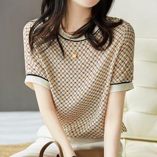 Short-sleeve Retro Print T-shirt Brown & Blue - One Size