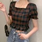Plaid Ruffle Trim Puff-sleeve Square-neck Cropped Blouse