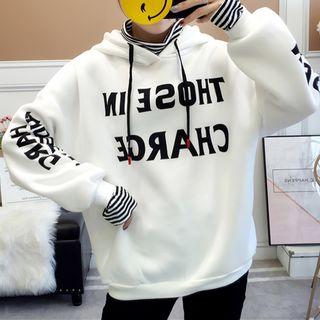 Mock Two-piece Striped Panel Letter Hoodie
