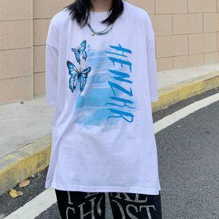 Short-sleeve Round Neck Lettering Butterfly T-shirt