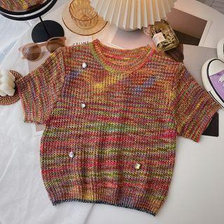 Short-sleeve Rhinestone Knit Top Red - One Size