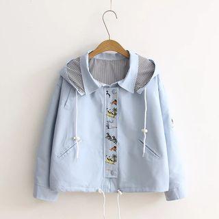 Striped Lining Embroidered Hooded Windbreaker