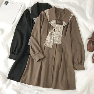 Mock Two-piece Leopard Print Panel A-line Shirtdress