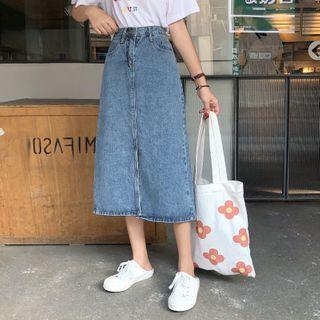 Washed Midi Denim A-line Skirt