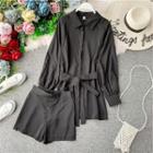 Set: Long-sleeve Sashed Shirt + Shorts