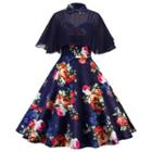 Set: Spaghetti Strap Floral Print A-line Dress + Cape