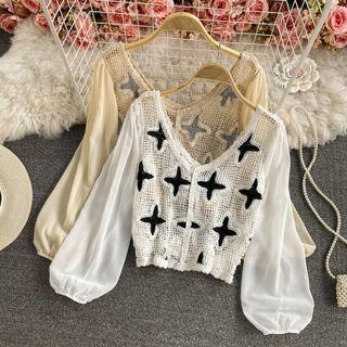 V-neck Crochet Panel Cropped Blouse