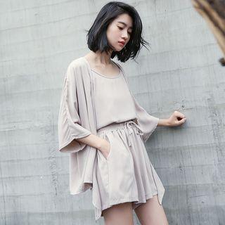 Set: Plain Camisole + Wide Leg Shorts + Jacket Almond - One Size