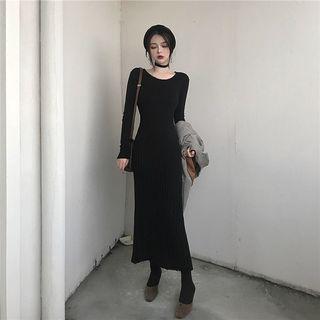 Long-sleeve Accordion Pleated Midi Sheath Knit Dress