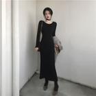 Long-sleeve Accordion Pleated Midi Sheath Knit Dress