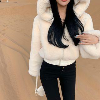Faux Shearling Plain Hooded Zip Oversize Jacket