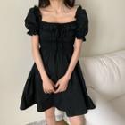 Plain Puff-sleeve Square-neck Mini A-line Dress Black - One Size