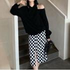 Long-sleeve Cold Shoulder Top / Checkerboard Skirt