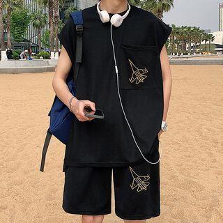 Set: Plane Embroidered Tank Top + Shorts