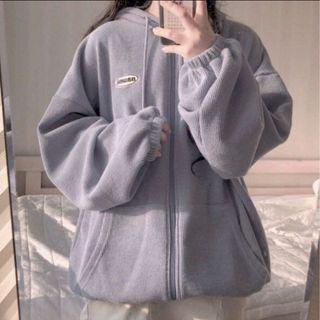Plain Drawstring Over-sized Hoodie With Zip Purple - One Size