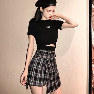 Set: Short Sleeve Lettering Cropped Top + Asymmetric Hem Plaid Skirt