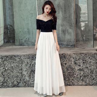 Short-sleeve Off-shoulder Sequin A-line Evening Gown