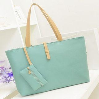 Faux Leather Tote Bag With Pouch