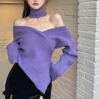 Long-sleeve Off-shoulder V-neck Sweater Purple - One Size