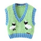 V-neck Sheep Sweater Vest Light Green - One Size
