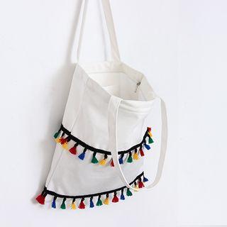 Tasseled Trim Canvas Tote Bag As Shown In Figure - One Size