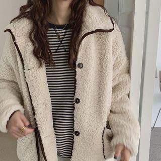 Long-sleeve Lapel Color-block Fleece Jacket Almond - One Size