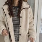 Long-sleeve Lapel Color-block Fleece Jacket Almond - One Size