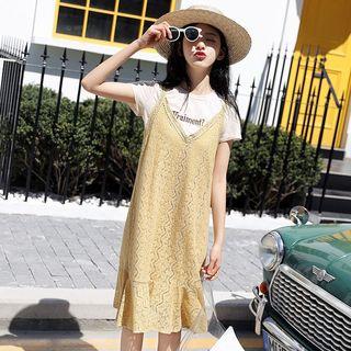 Set: Letter Embroidered Short-sleeve T-shirt + V-neck Lace Spaghetti Strap Dress