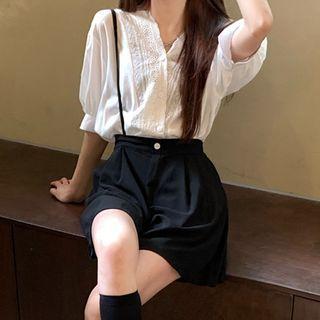 Lace Trim Elbow-sleeve Top / Suspender Shorts