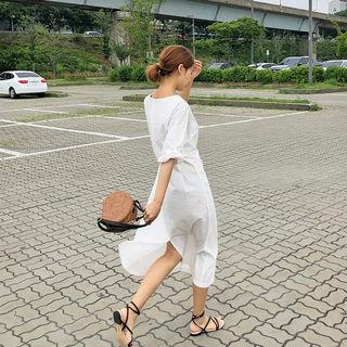 Shirred-sleeve Slit-back Midi Dress