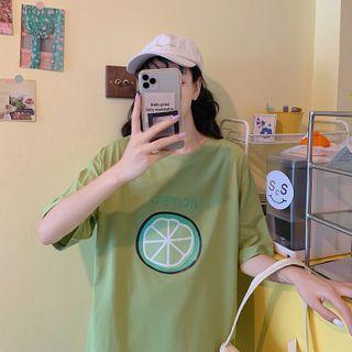 Elbow Sleeve Lemon Print T-shirt