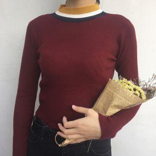Contrast Trim Mock Neck Knit Top