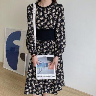 Color-block Trim Crewneck Long-sleeve Floral Dress