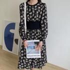 Color-block Trim Crewneck Long-sleeve Floral Dress