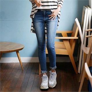 Band-waist Fringe-hem Skinny Jeans