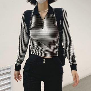 Stripe Polo Neck Long Sleeve Top