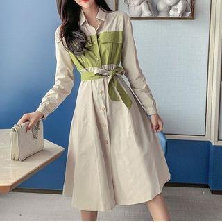 Long-sleeve Contrast Shirt Dress