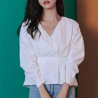 Elbow Sleeve V-neck Ruffle-hem Plain Blouse