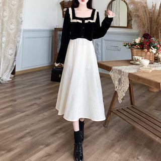 Mock Two-piece Long-sleeve Lace Trim Midi Dress