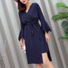 Pinstriped Elbow-sleeve Wrapped Dress