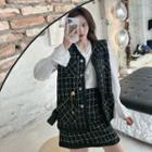 Sleeveless Plaid Tweed Jacket + High-waist Tweed Plaid Skirt / Bell-sleeve Pleated Plain Blouse
