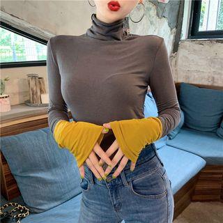Long-sleeve Color-panel Turtle-neck T-shirt