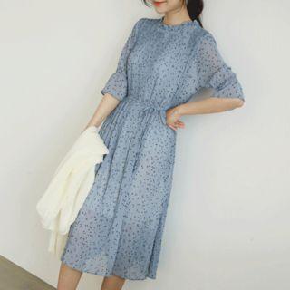 Pleated Dotted Long Chiffon Dress With Sash