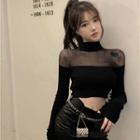 Mesh Panel Cropped Sweater Black - One Size