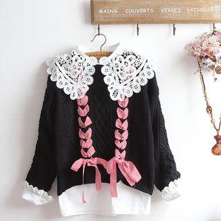Lace Panel Shirt / Lace-up Cable Knit Sweater / Set