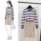 Wavy Striped Sweater / Knit Midi Skirt / Set