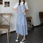 Elbow-sleeve T-shirt / Floral Print Midi A-line Overall Dress