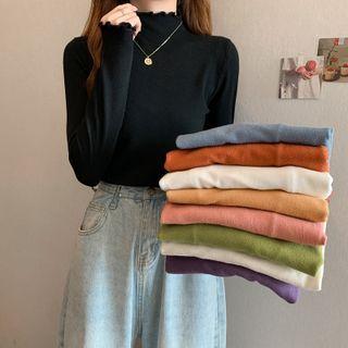 Semi High-neck Wood Ear Trim Long-sleeve Knit Top