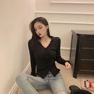 Striped Ruffle Knit Long-sleeve Top