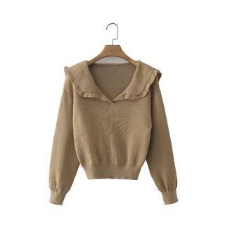 Ruffle Trim Collar Cropped Sweater Khaki - One Size